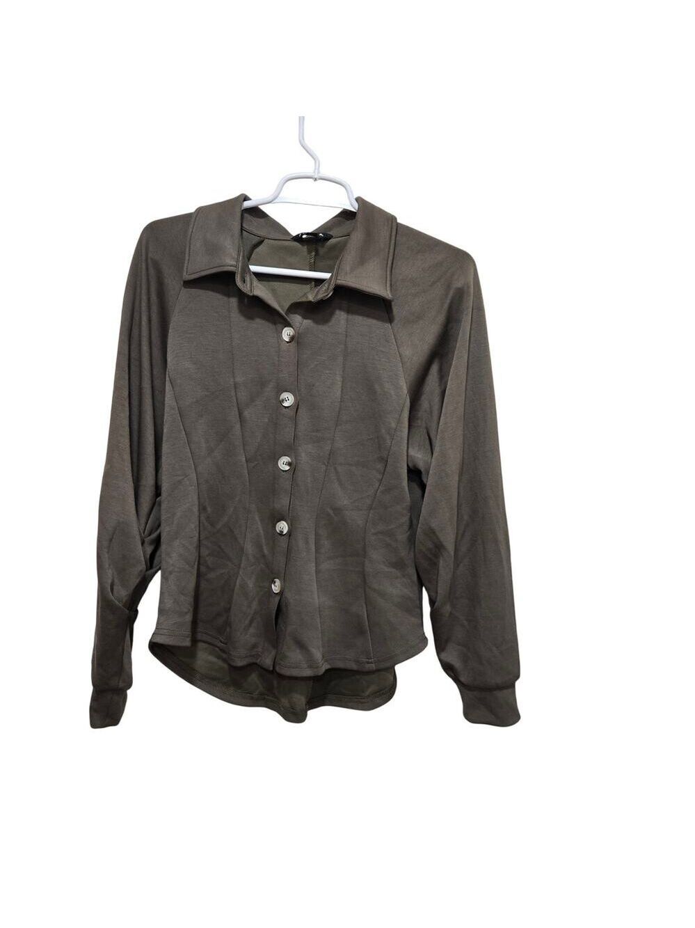 J. NNA Olive Green Stretch Button Front Collared Knit Top Size M